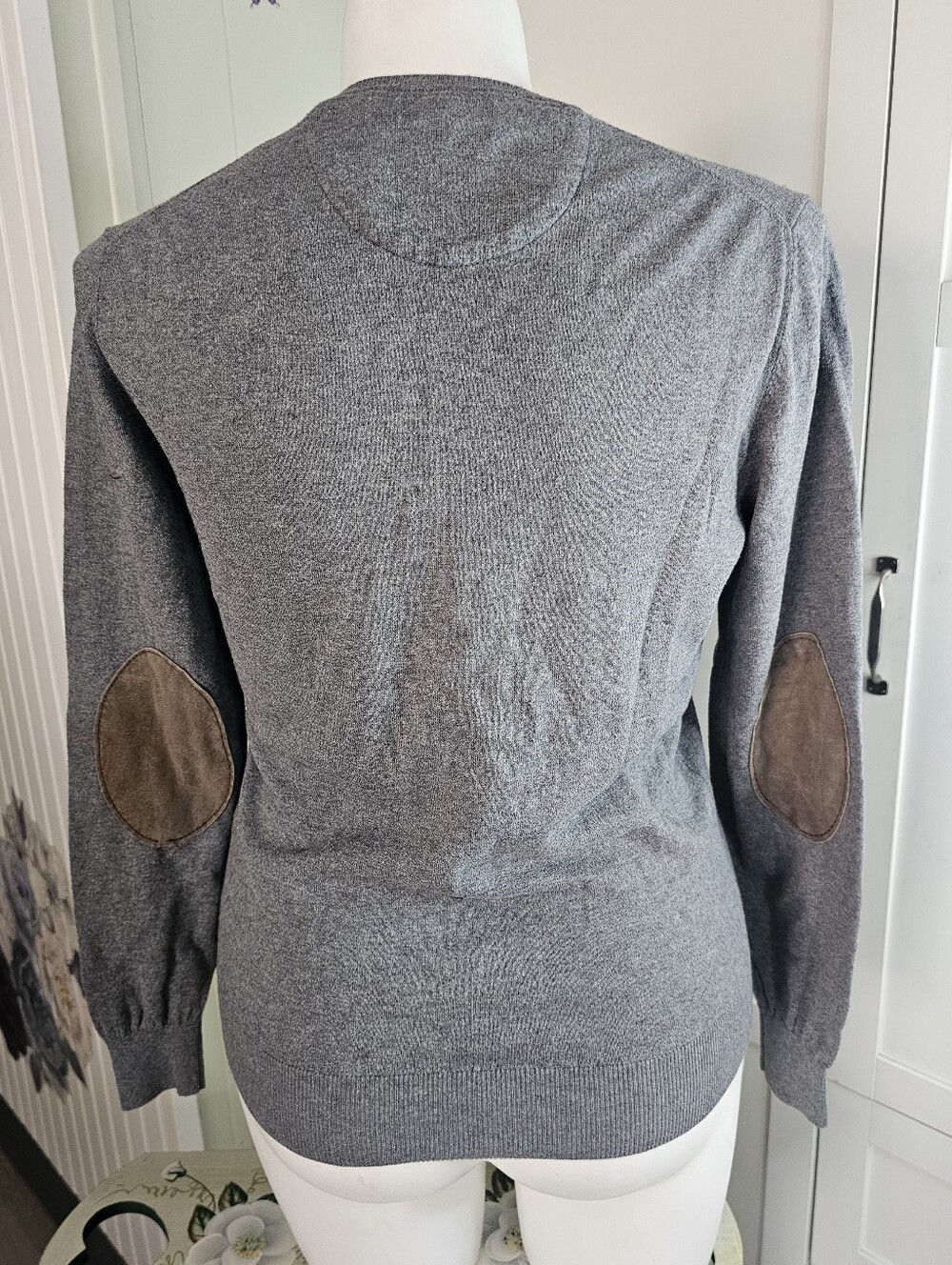 Massimo Dutti Women L Gray Cotton Silk Cashmere V Neck Sweater Suede Elbow Patch - Picture 4 of 12